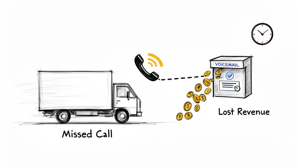 Illustration depicting a missed call going to voicemail, resulting in lost revenue and time.