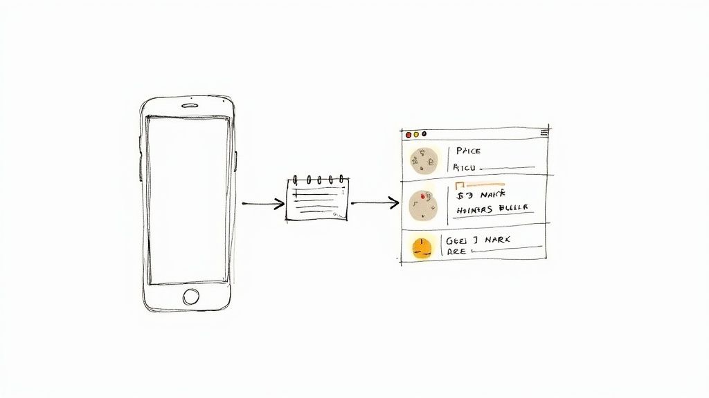 Hand-drawn diagram showing a smartphone sending data through a notepad icon to a contact list.