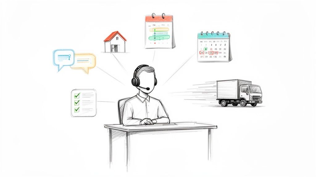 A customer service agent with a headset handles various tasks, including communication, scheduling, and logistics for home delivery.