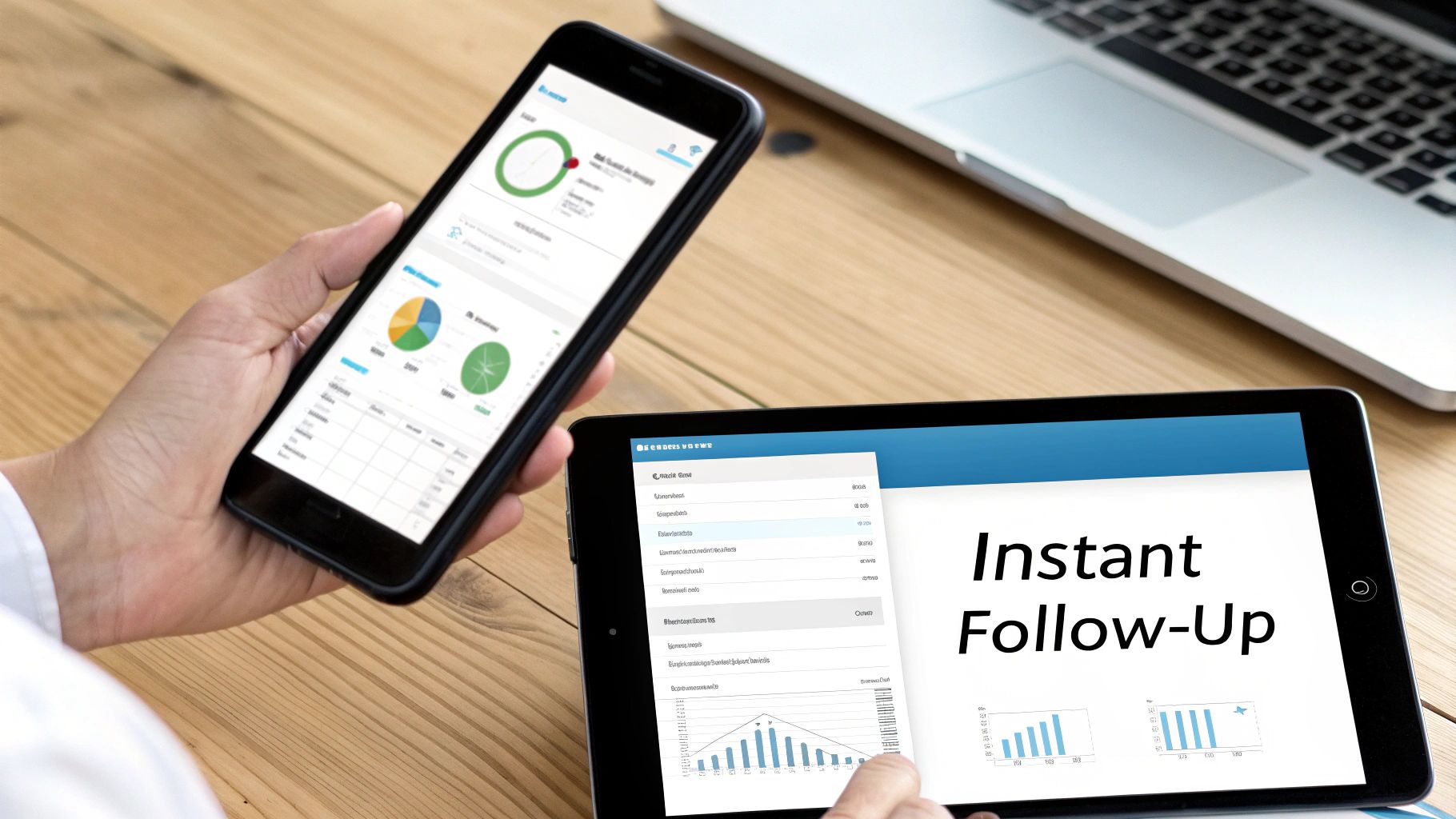 Person using a smartphone and tablet to view business data and charts, with a laptop nearby.