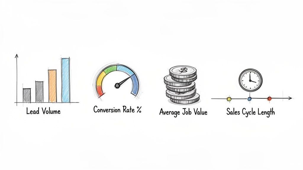 Illustrations of key sales metrics: Lead Volume, Conversion Rate, Average Job Value, and Sales Cycle Length.