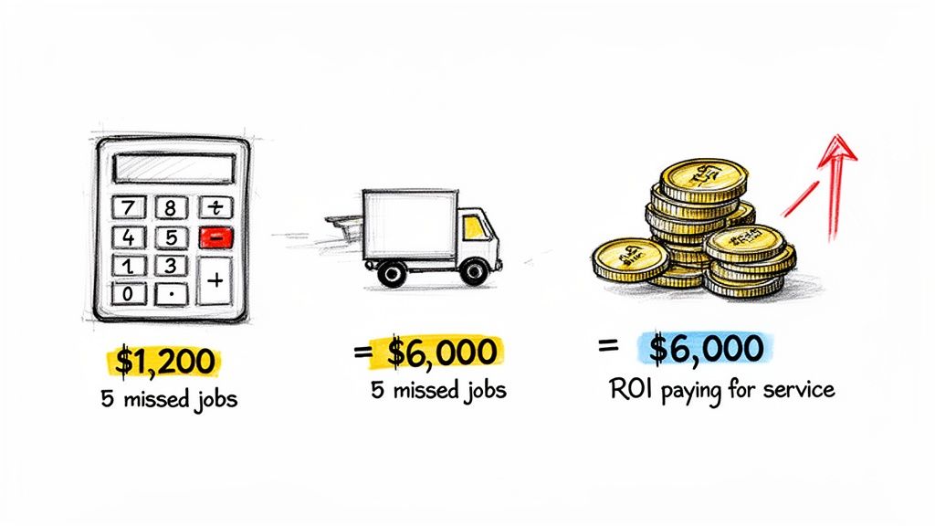 Financial illustration showing $1,200 lost from 5 missed jobs and $6,000 ROI from paying for service.
