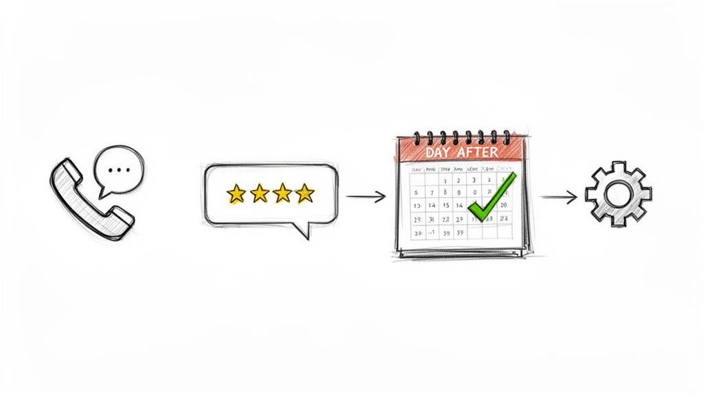 A hand-drawn process flowchart showing a phone call, customer rating, scheduled follow-up on a calendar, and a gear icon.