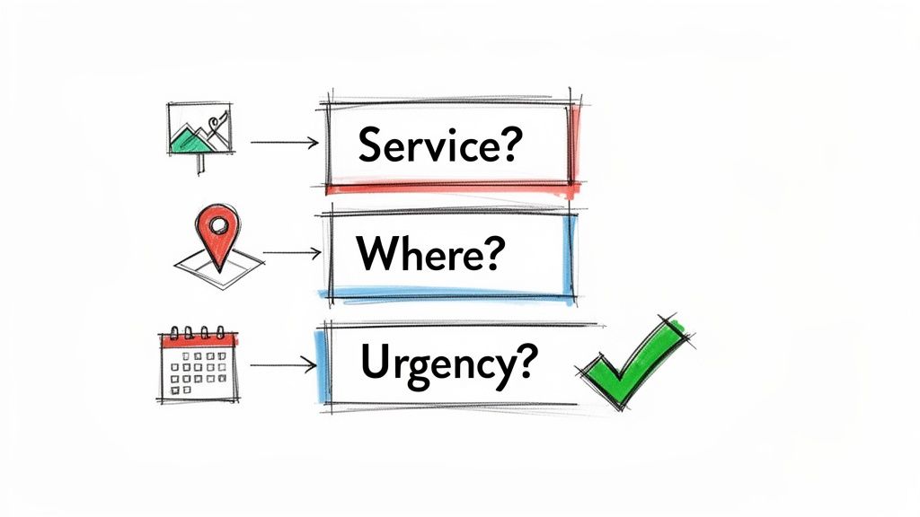 Sketch of a decision-making process with icons for service, location, and urgency, leading to questions and a green checkmark.