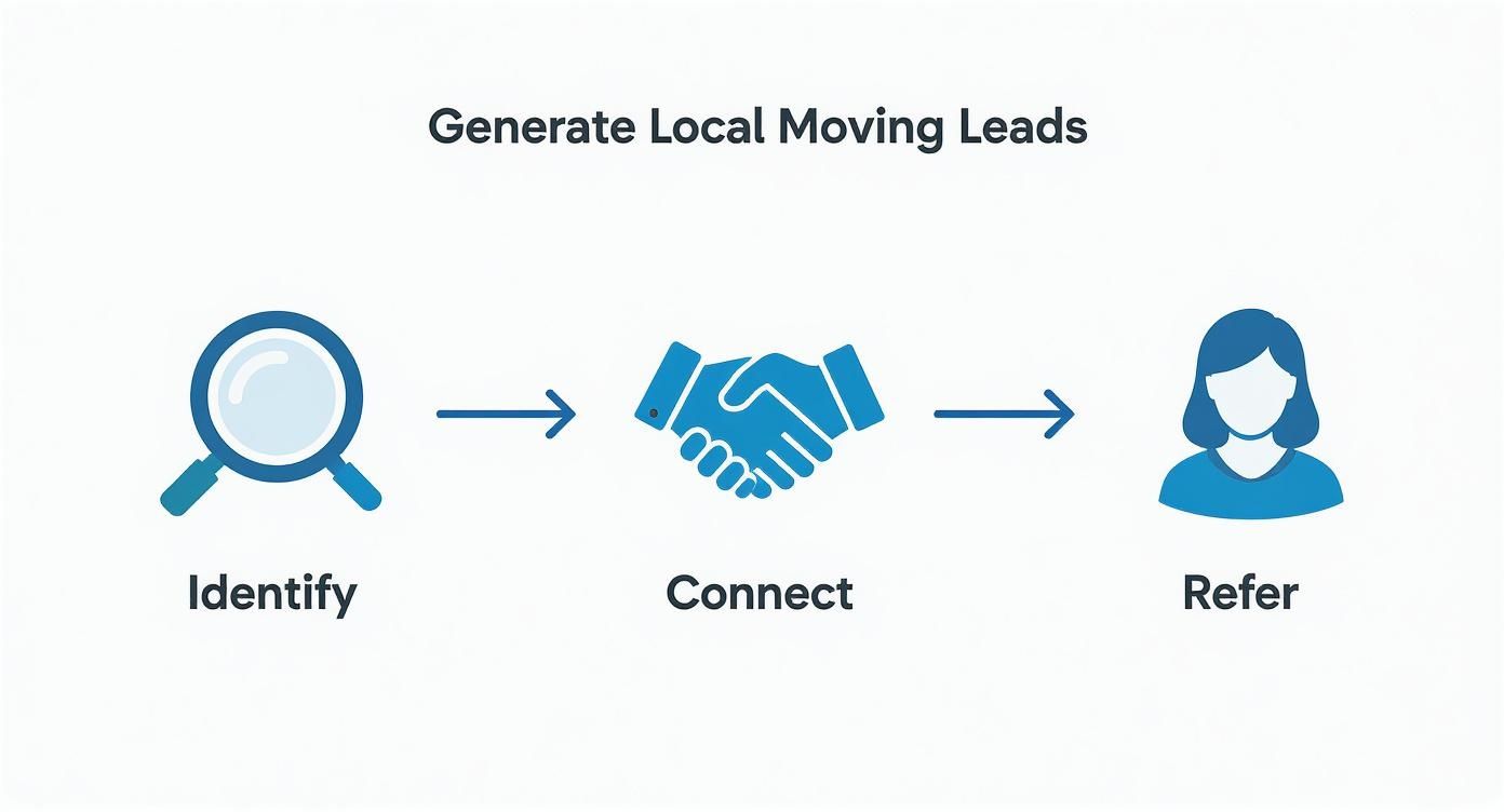 A three-step diagram illustrates how to generate local moving leads: Identify, Connect, Refer.