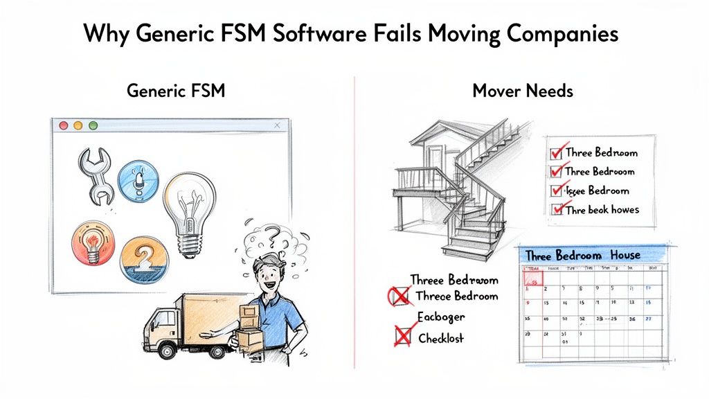Illustration contrasting generic FSM software with the specialized, complex needs of moving companies.