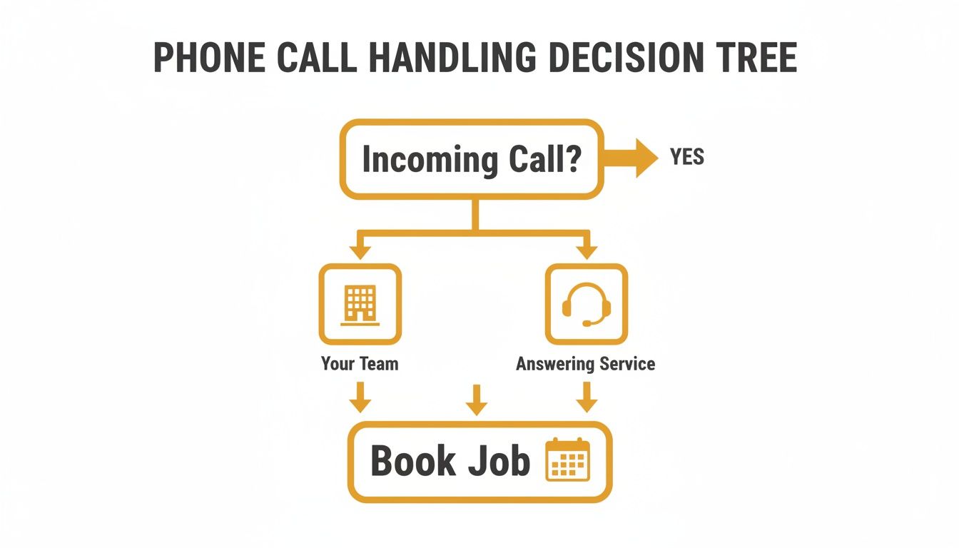 A decision tree flowchart illustrating phone call handling, showing options for 'Your Team' or 'Answering Service' leading to 'Book Job'.