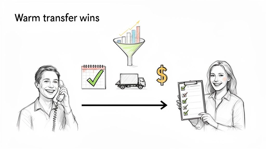 A warm transfer illustration showing a caller, successful tasks, delivery, revenue, and satisfied agent.