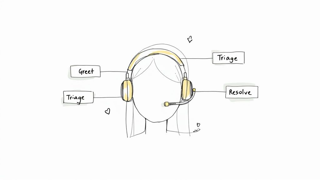 Illustration of a customer service agent wearing a headset, showing a call flow with steps: Greet, Triage, and Resolve.