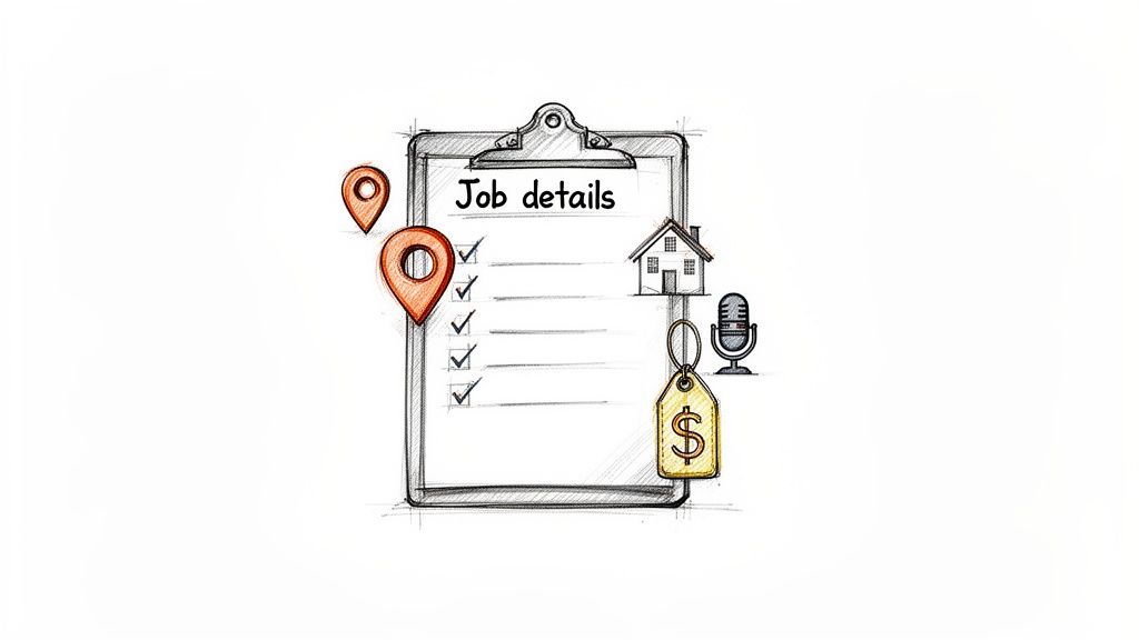 Hand-drawn image showing job details on a clipboard with location, home, price, and audio icons.