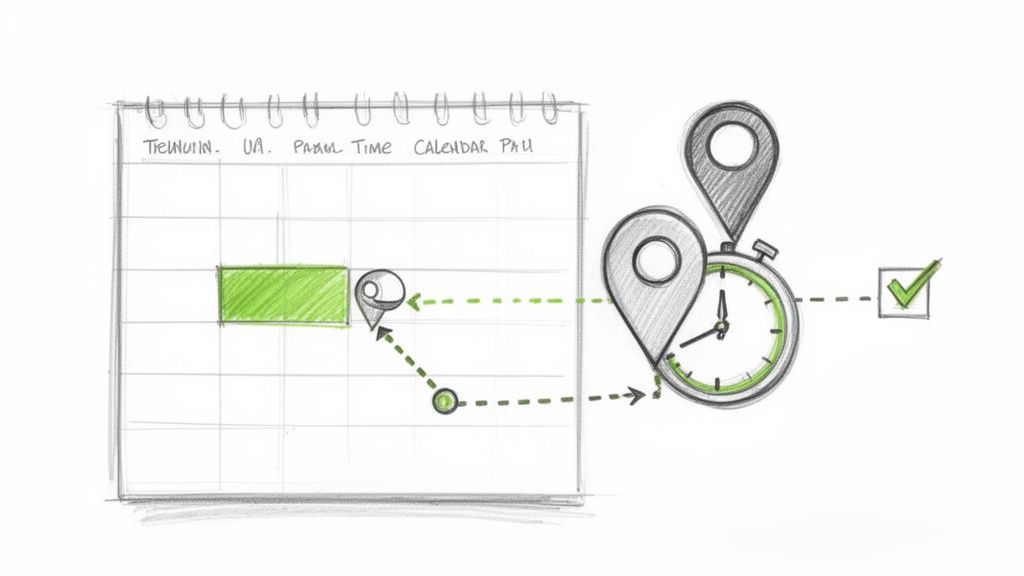 A sketch illustrating task management with a calendar, green event block, location pins, stopwatch, and checkmark.
