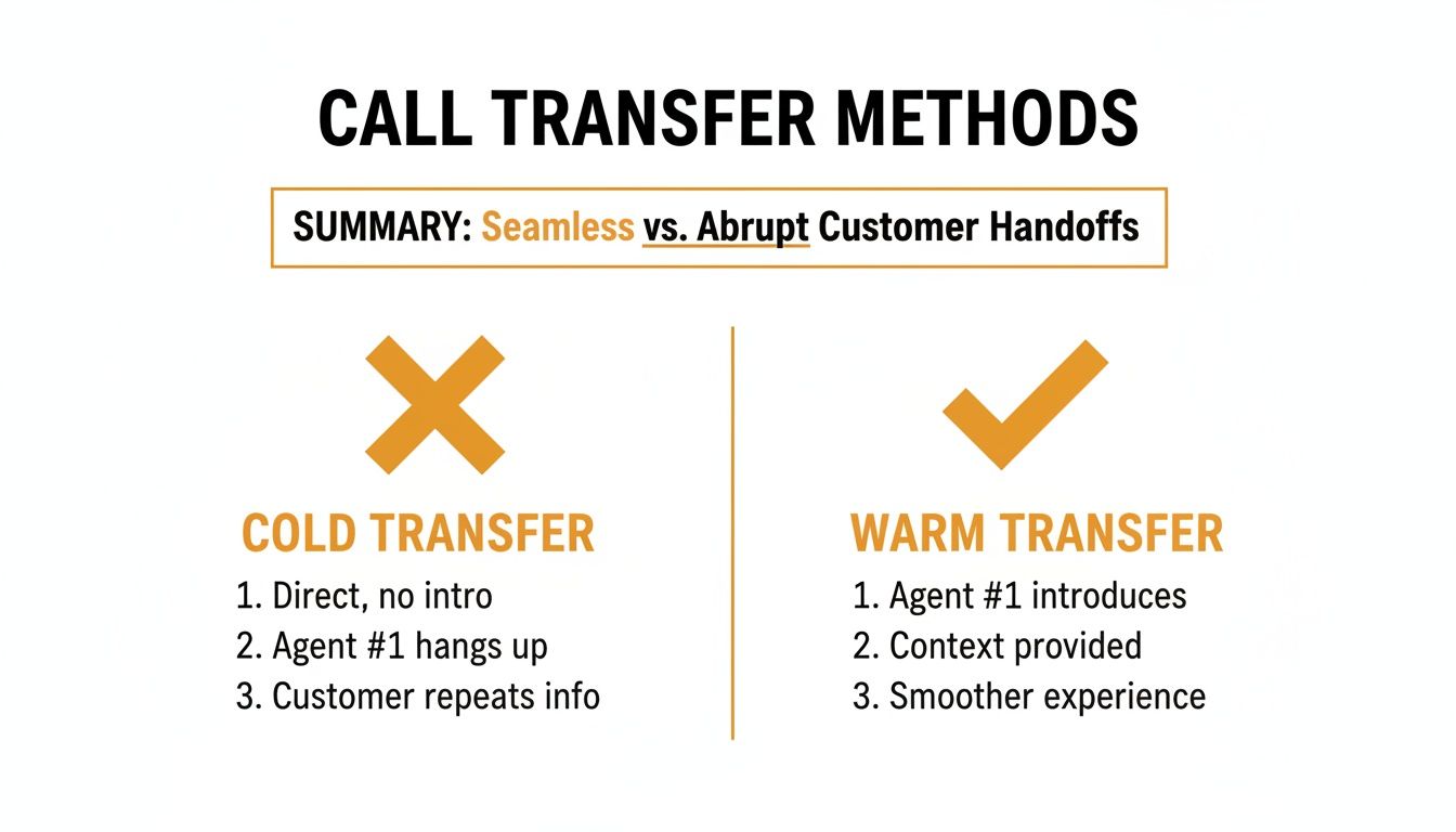 A comparison image detailing cold versus warm call transfer methods and their impact on customer experience.