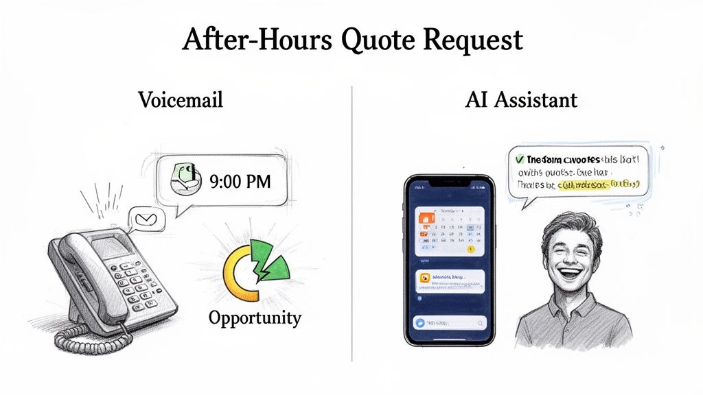 Illustrates after-hours quote requests handled by voicemail (missed opportunity) vs. AI assistant (prompt service).