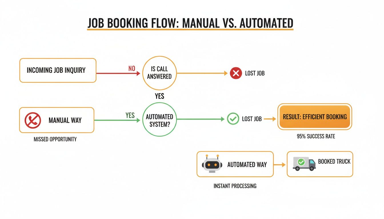 Flowchart comparing manual and automated job booking processes, highlighting how automation leads to efficient booking and successful job completion.