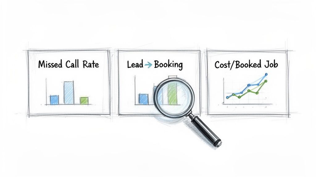 Hand-drawn charts showing Missed Call Rate, Lead to Booking, and Cost per Booked Job metrics for business analysis.