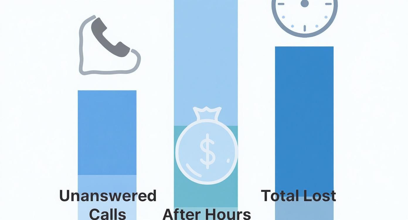 A visual representation of call center performance metrics, including missed calls, after-hours issues, and total lost.