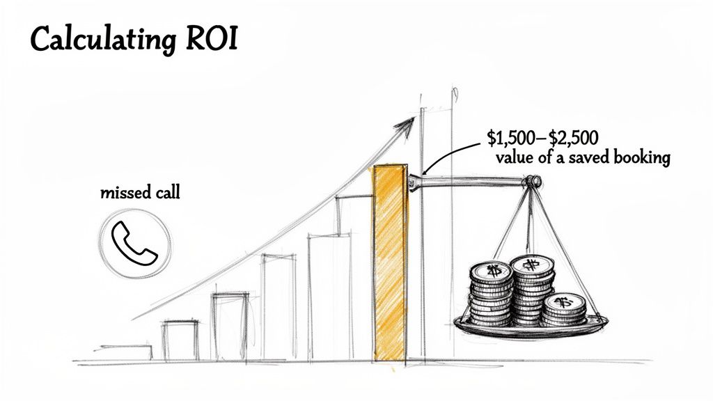 Sketch illustrating ROI calculation, showing missed calls, a growing bar graph, and the value of saved bookings.