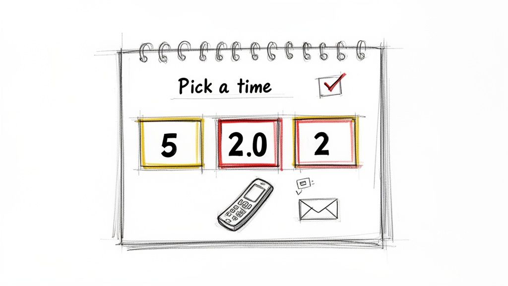 Hand-drawn calendar page for picking a time, displaying '5', '2.0', '2', with phone and email icons.