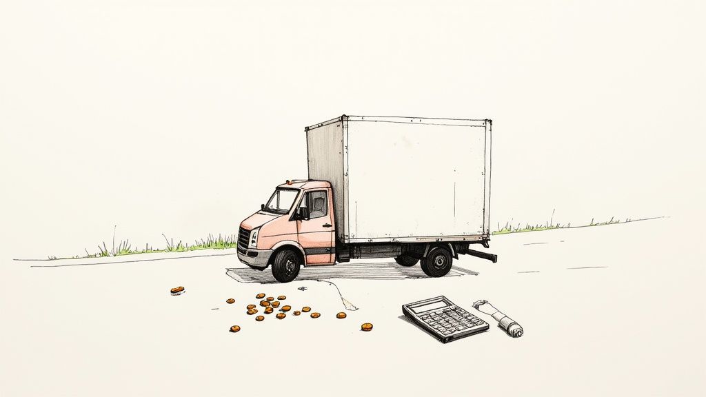 A sketch of a moving truck with scattered gold coins, a calculator, and a rolled document on the ground.