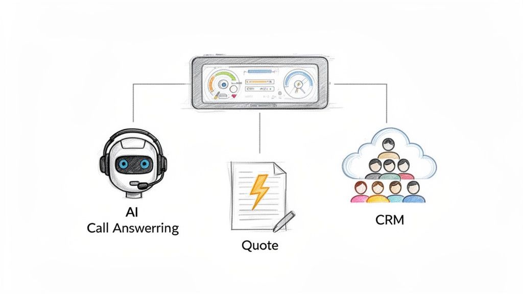 Workflow diagram illustrating a dashboard integrated with AI call answering, quote generation, and CRM.