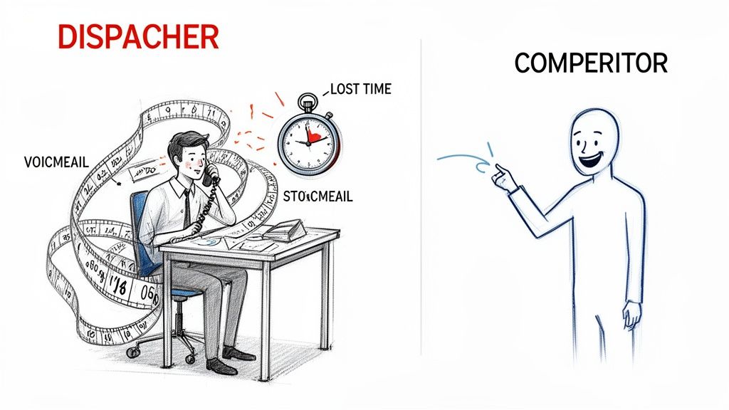 A busy dispatcher on the phone, surrounded by 'lost time' and 'voicemail,' contrasted with a simple, happy competitor.