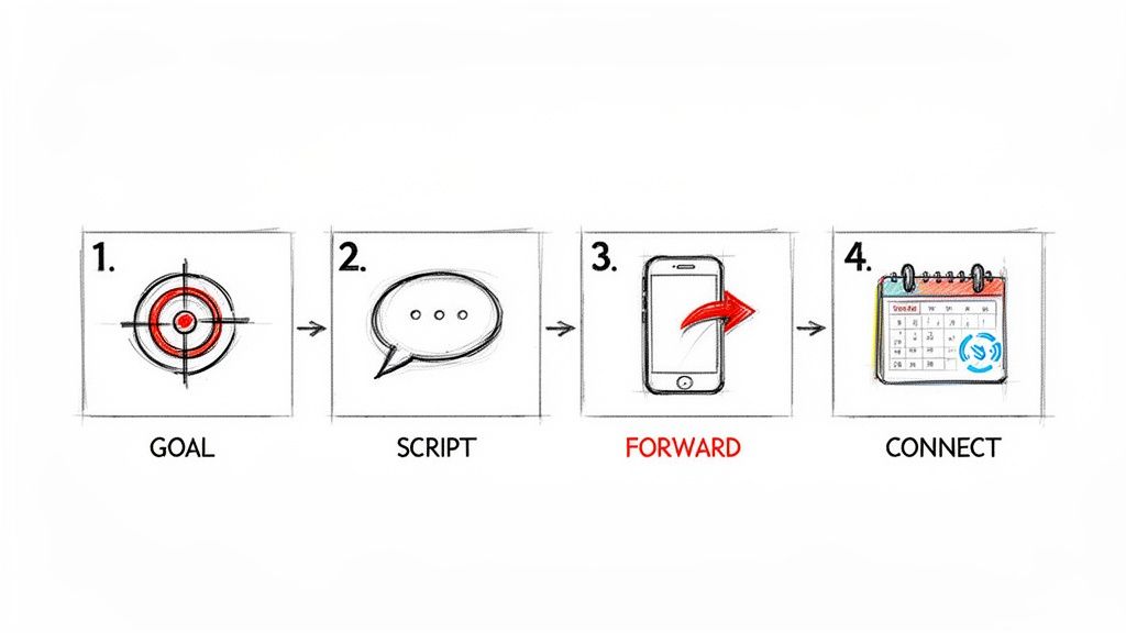 A four-step visual process: 1. Goal (target), 2. Script (chat bubble), 3. Forward (phone with arrow), 4. Connect (calendar).