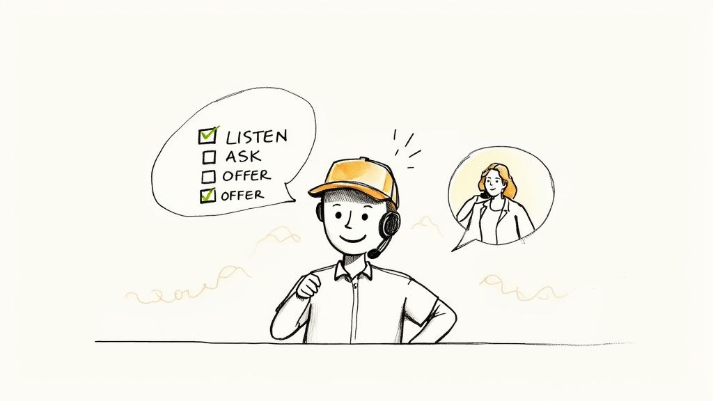 A sales representative with a headset smiles next to a checklist for customer interaction.
