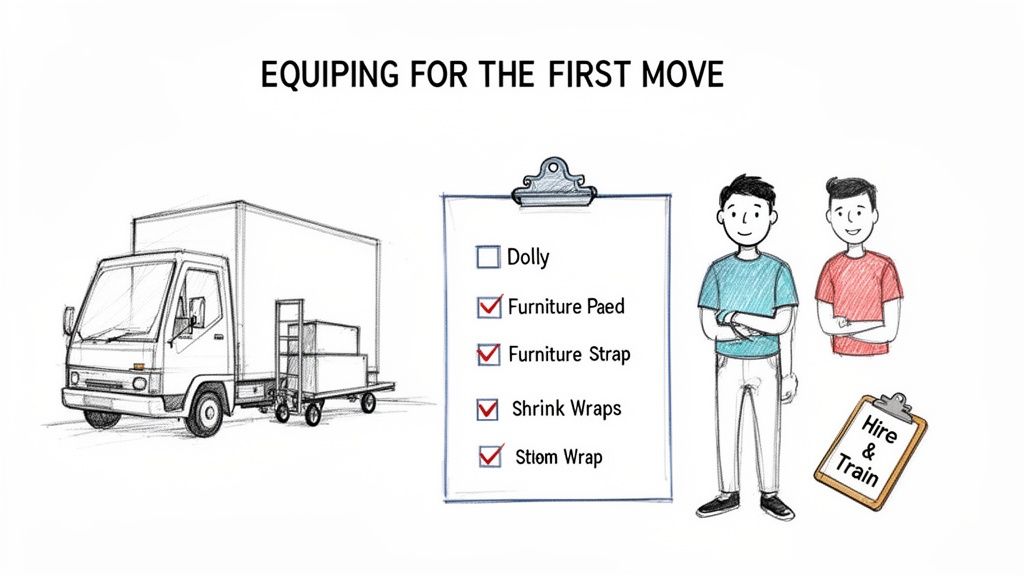 Illustration showing a moving truck, equipment checklist, and movers for starting a moving business.