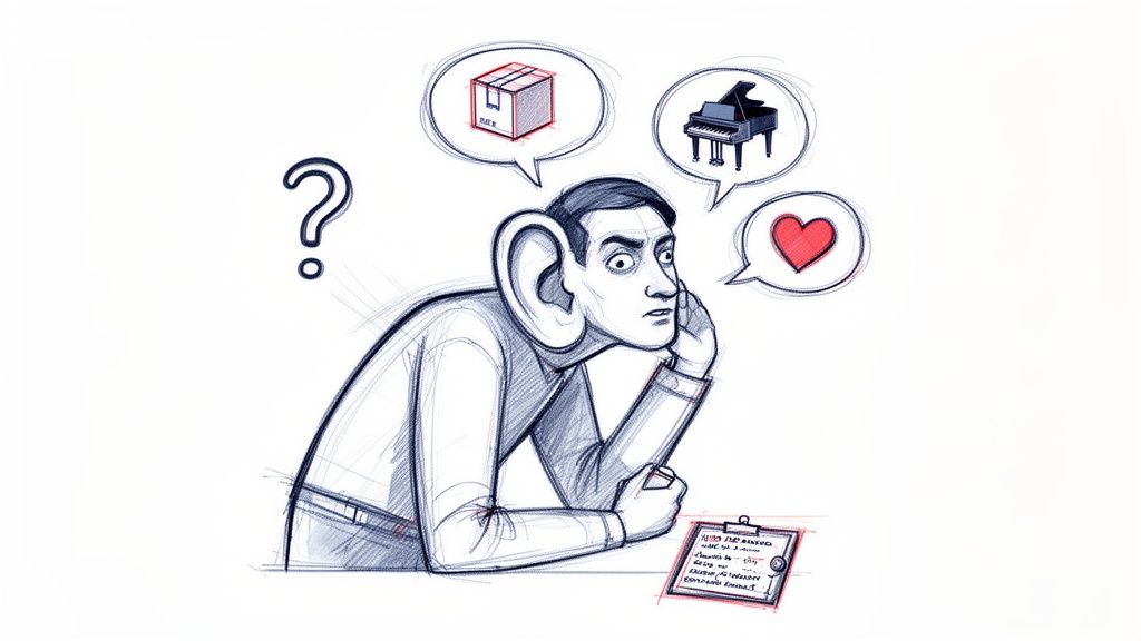 Illustration of a man with big ears contemplating customer desires like products, music, and emotion.