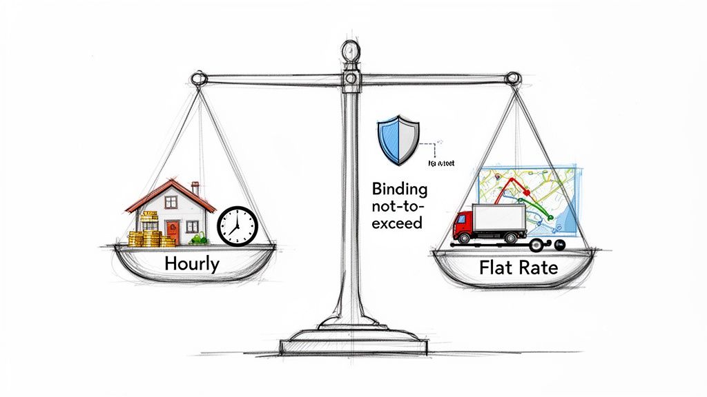 A scale comparing hourly moving costs (house, money, clock) against flat rate costs (truck, map) with a 'binding not-to-exceed' shield.