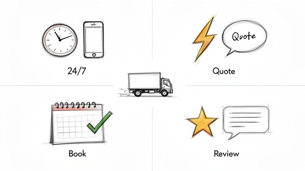 Hand-drawn icons illustrating a service process: 24/7 availability, getting a quote, booking, review, and a delivery truck.