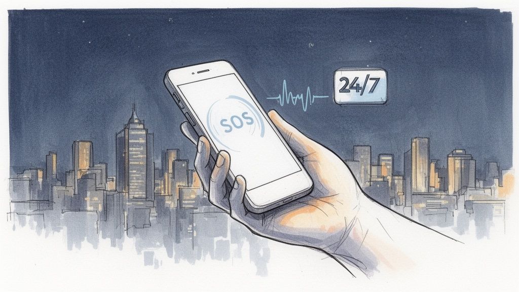 A hand holds a smartphone showing SOS, connected to a 24/7 service against a dark city skyline.