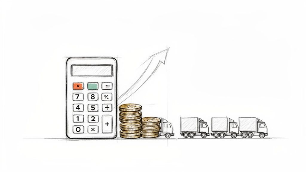 A sketch illustrating a calculator, stacked coins, an upward arrow, and several delivery trucks.
