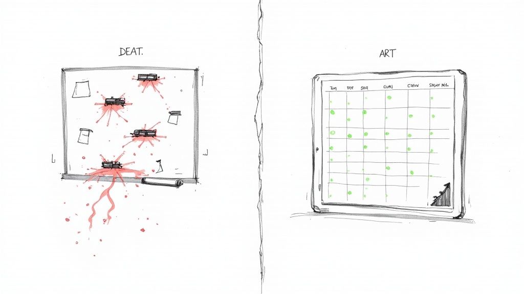 Cartoon comparing 'DEAT.' (dead flies on a board) with 'ART' (calendar showing consistent green-dotted progress).