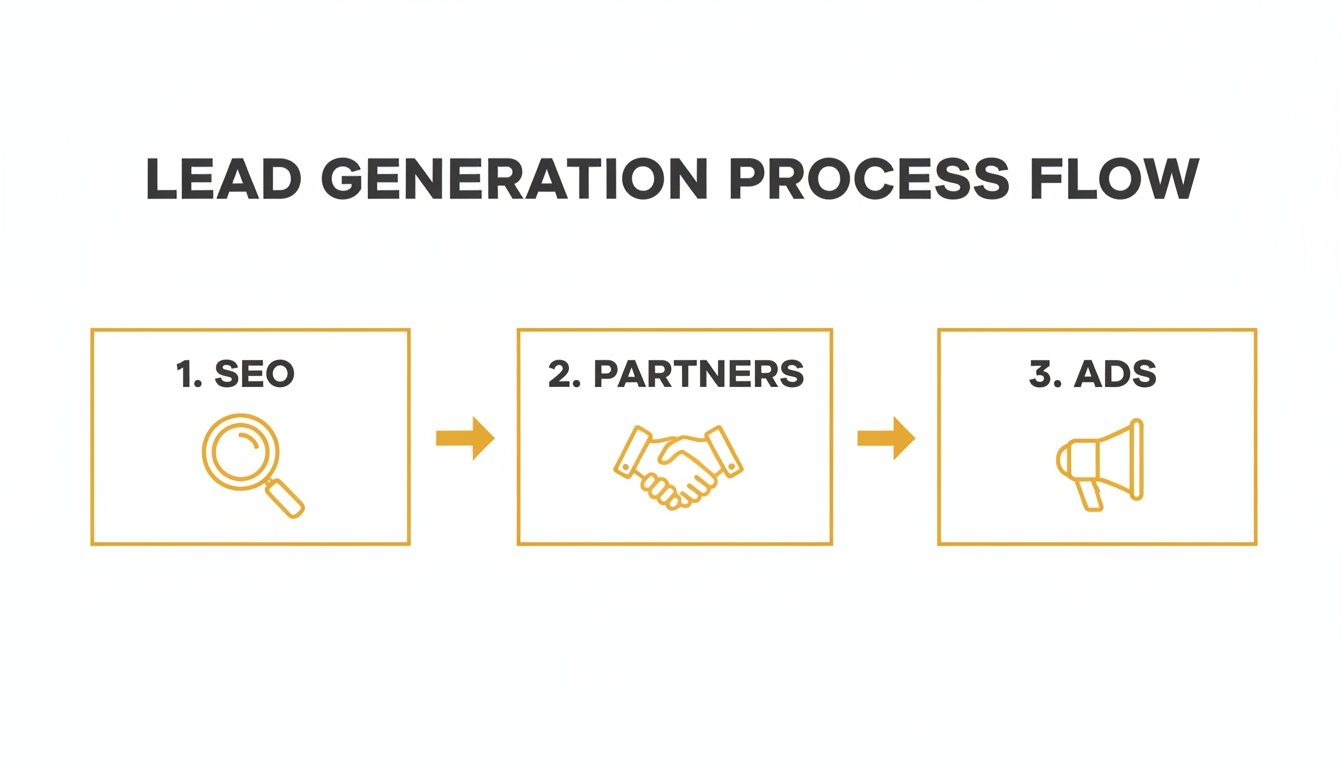 A lead generation process flow diagram showing three steps: 1. SEO, 2. Partners, 3. Ads.