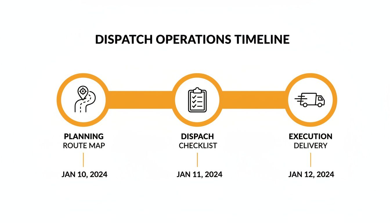 Detailed timeline outlining key dispatch operations: planning, checklist, and delivery, with specific dates.