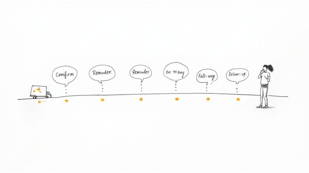 A hand-drawn delivery timeline showing a truck, communication points, and a customer.