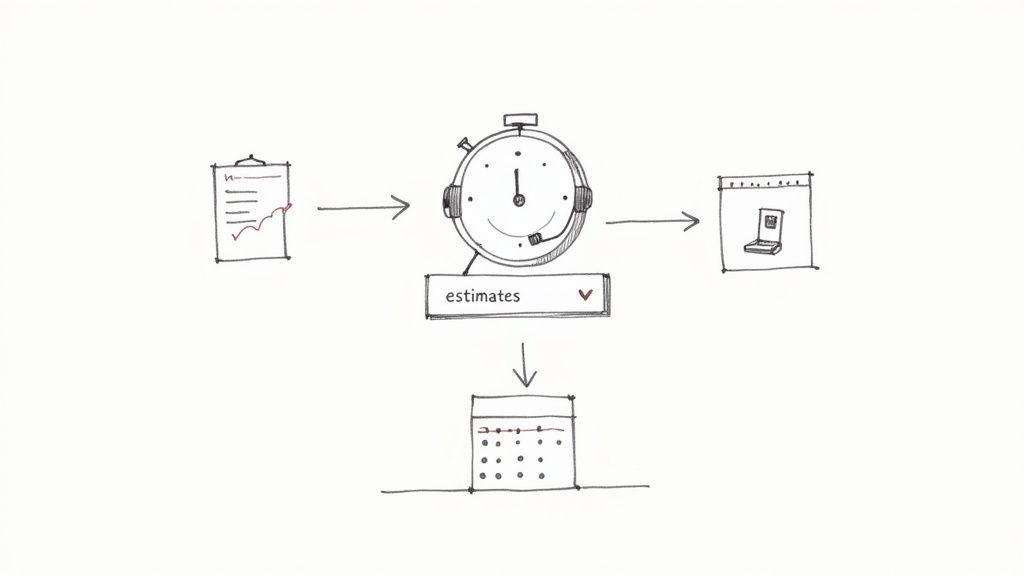 Hand-drawn diagram depicting a workflow for estimates, connecting a checklist, time tracking, software, and a calendar.