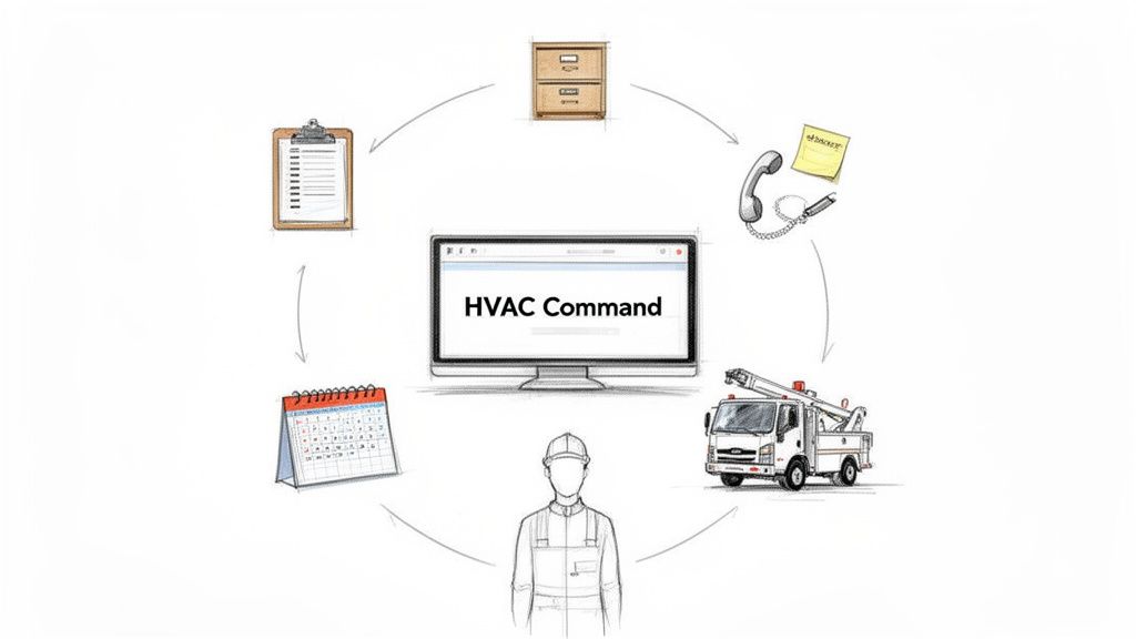 A visual diagram of HVAC business management software connecting a technician, service truck, calendar, clipboard, phone, and filing cabinet.
