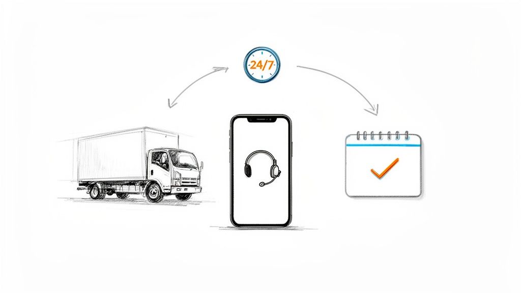 Illustration of a delivery truck, a smartphone with a headset, a 24/7 clock, and a calendar with a checkmark, symbolizing continuous support.