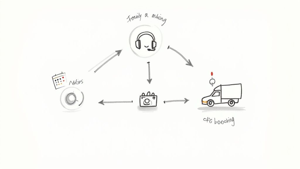 Diagram of a customer service agent (headset) interacting with calendar, camera, and delivery truck for booking and inquiries.