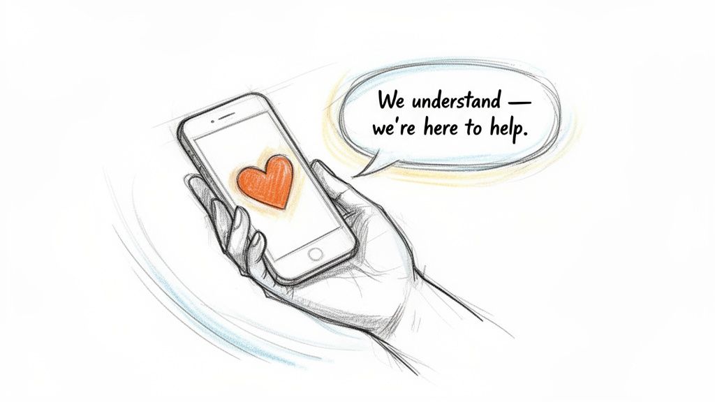 A hand holds a smartphone displaying a red heart, with a speech bubble saying, "We understand — we're here to help."