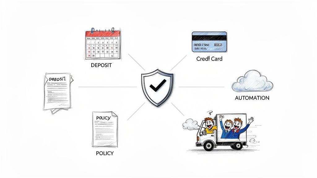A diagram featuring a central security shield connected to concepts like deposits, credit cards, policies, automation, and service.