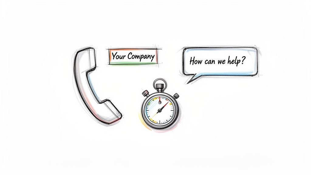 Hand-drawn telephone, 'Your Company' sign, stopwatch, and 'How can we help?' speech bubble, illustrating customer support.