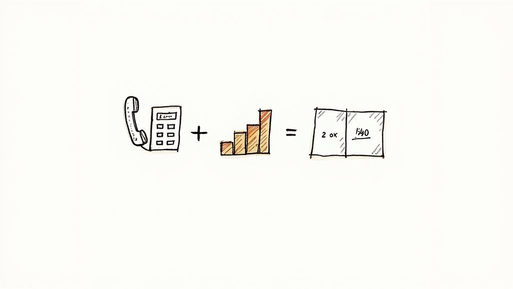 A hand-drawn equation showing a phone, a plus sign, a bar chart, an equals sign, and a box with results 2 oz and 1:40.