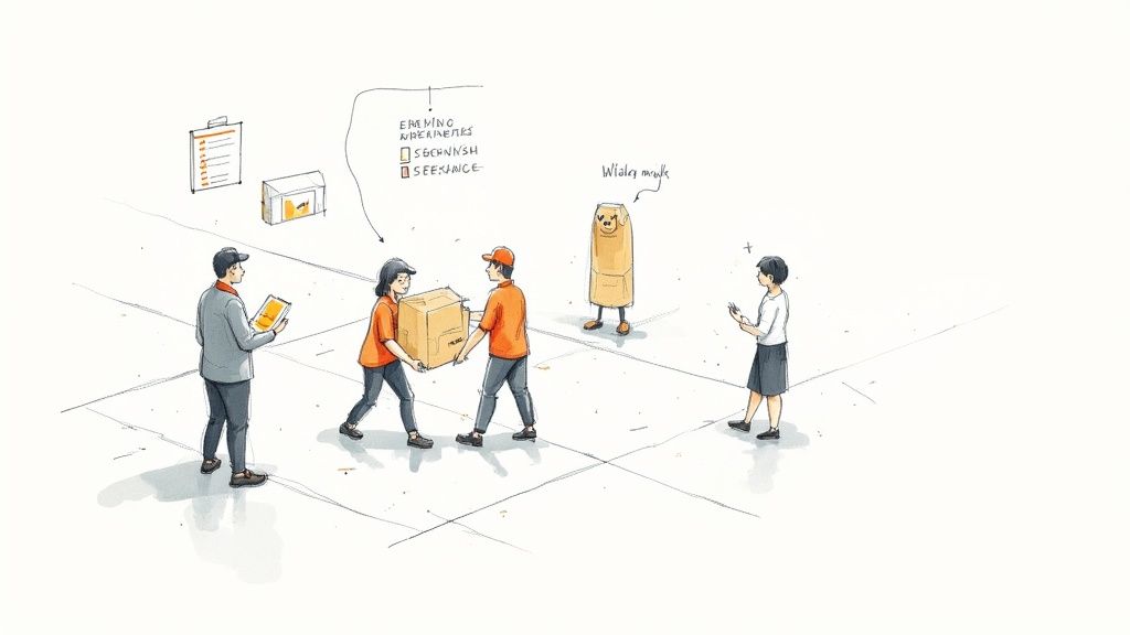 Logistics workers and a delivery robot handle packages, with one person checking a clipboard.