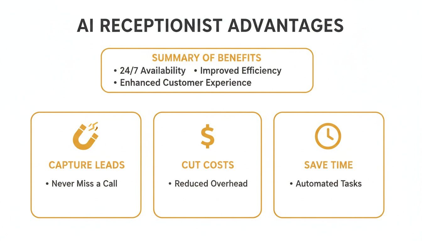 Infographic detailing AI receptionist advantages: 24/7 availability, improved efficiency, and cost savings.