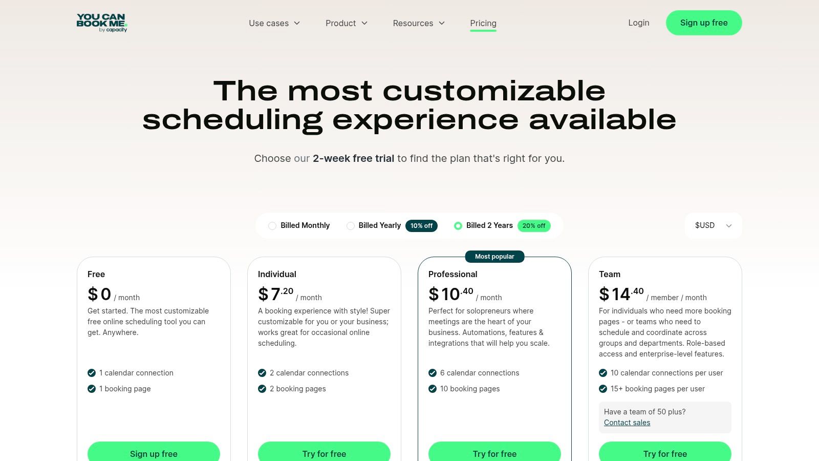 YouCanBook.me pricing plans showing Free, $12 per calendar / month, and custom Teams tiers