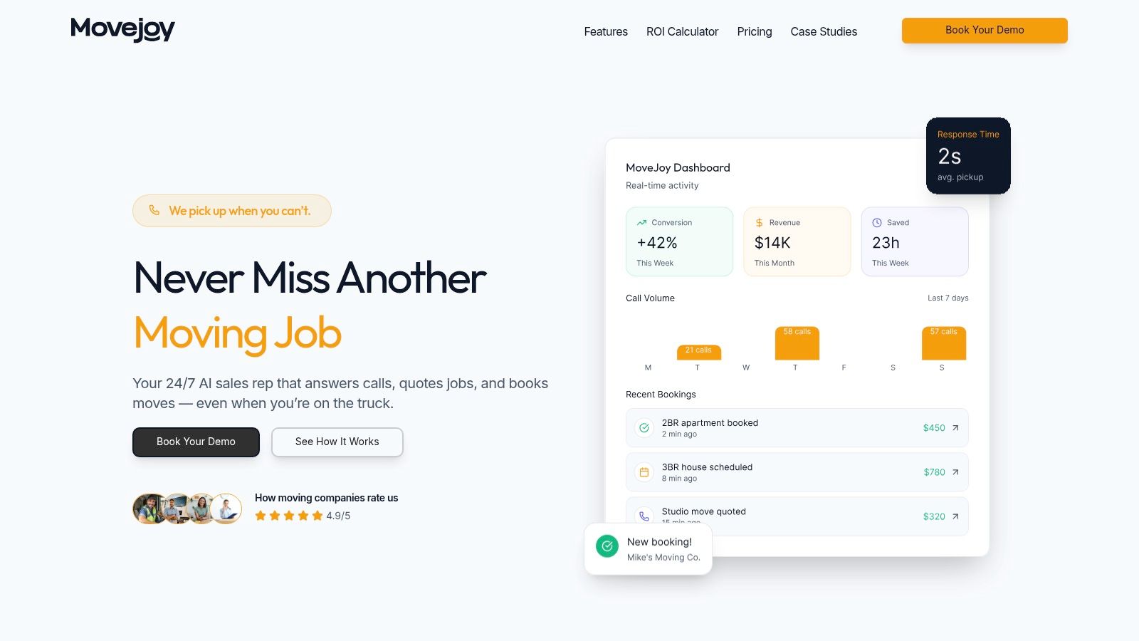 MoveJoy dashboard showing call analytics, bookings, and customer insights