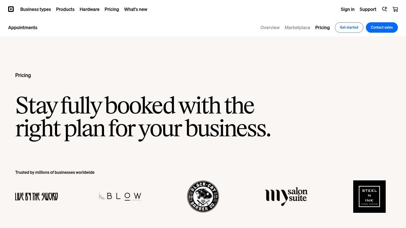 Square Appointments pricing page showing Free, Plus, and Premium plans
